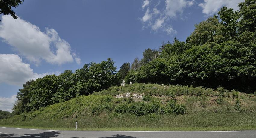 Gesamtansicht der Gaadener Ölberggruppe im Frühjahr 2020. Bis zur Etablierung der gewünschten Vegetation muss eine regelmäßige, intensive Pflege des Hangs mehrmals im Jahr durchgeführt werden.