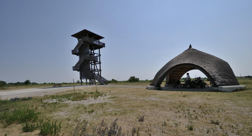 Aussichtsturm und ein mit Schilf gedeckter Rastplatz für Radfahrer im Bereich der Hölle in Illmitz