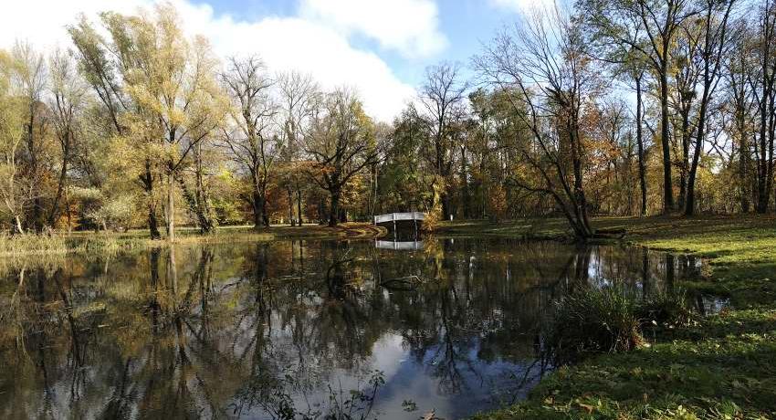 Blick auf Teich mit rekonstruierter Brücke im Herbst